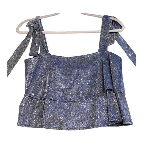 NEW Superdown Helene Top Sparkling Shoulder Ties In Metallic Blue M - Picture 4 of 9